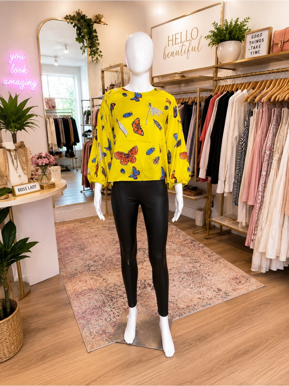 Zara Yellow Butterfly Print Puff Sleeve Blouse